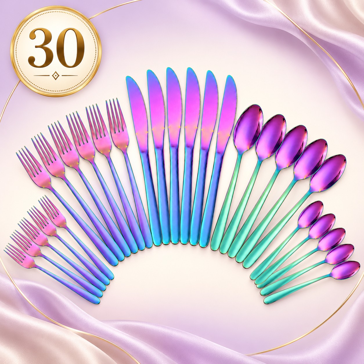 TEMU 30pcs Rainbow Stainless Steel Flatware Set, Service For 6, Includes Dinner Knives, Dinner Forks And Dinner Spoons, Iridescent Mirror Polished