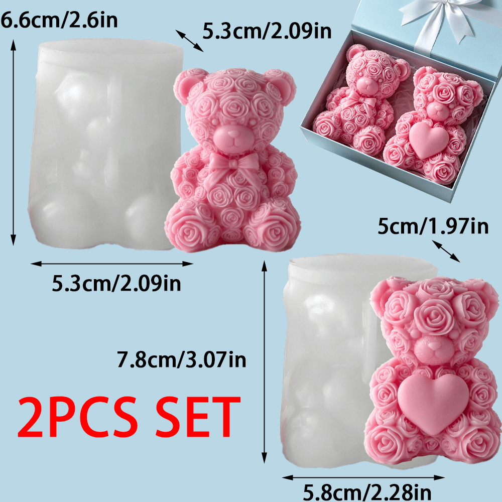 TEMU Set pezzi Stampo per candele in silicone a forma di orsacchiotto con , cuore, rosa, e papillon, strumento per realizzare orsacchiotti per ,