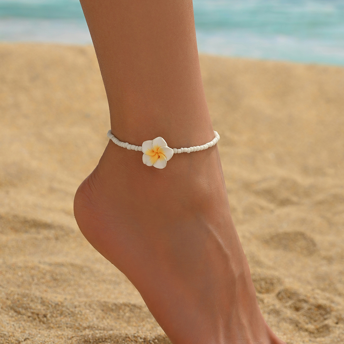Image of 1 Summer Hawaiian Vacation Anklet Woven Rice Bead Polymer Clay Flower Foot Jewelry Suitable For Women' And Beach Vacation Wear