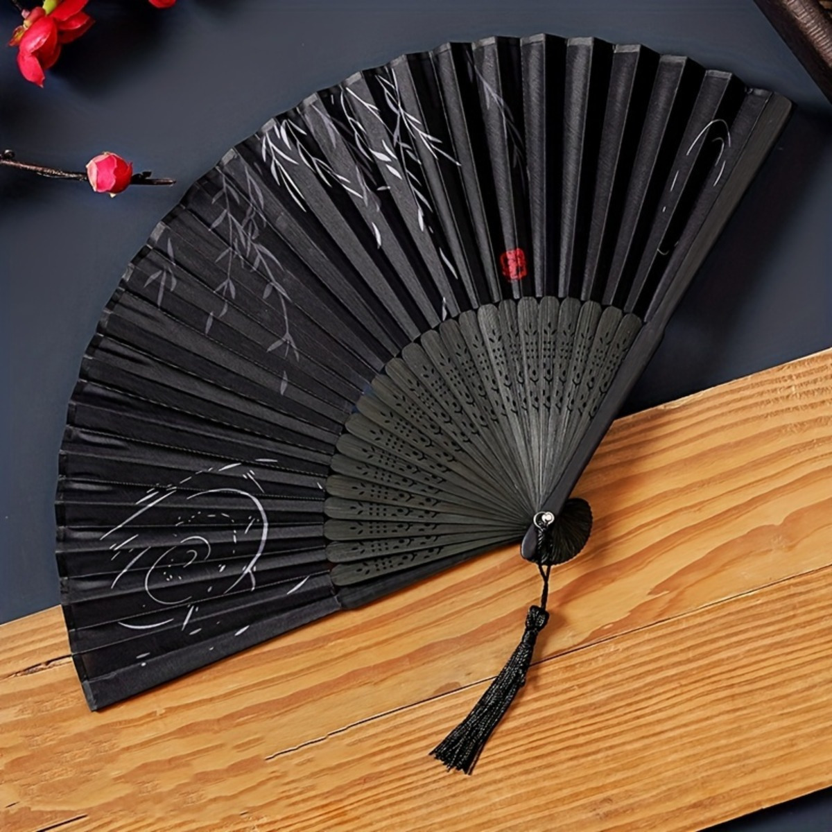 

Vintage Chinese Style Handheld Folding Fan, Elegant Ladies Fashion Accessory, Summer Cooling Foldable Umbrella Fan With Tassel