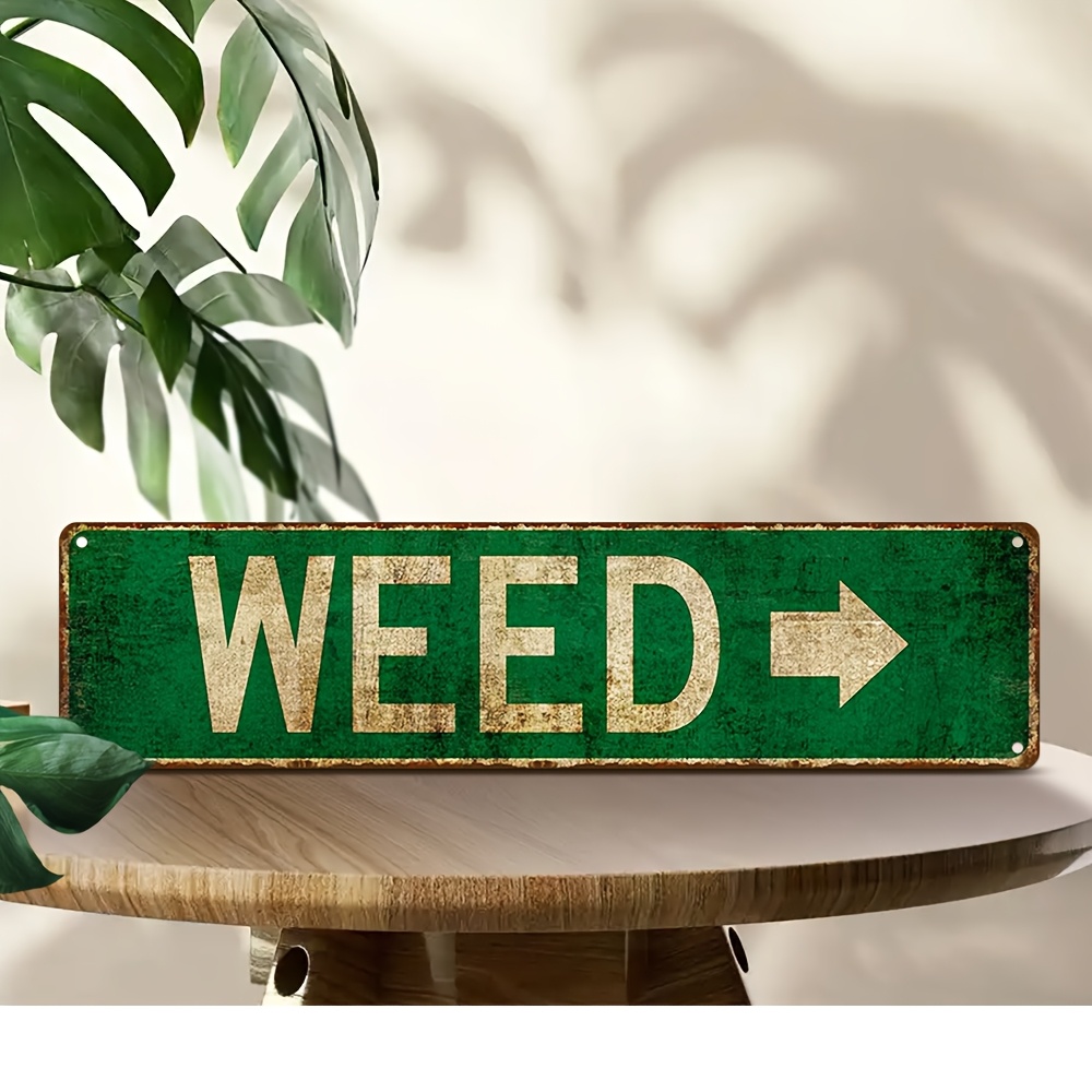 Image of 2d Flat - A Large Retro Wooden 'weed' Sign In 2d With An Arrow - Featuring Green And , Perfect For Wall Decoration Or Outdoor Settings, Suitable For Homes, Bars, Cafes, - Scratch-resistant