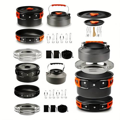 kettle set pot for 2 3 people camping pot and frying pan outdoor camping cookware portable combination pot set camping tableware easy to carry and space saving cookware frying pan kettle two sets of cutlery foldable storage