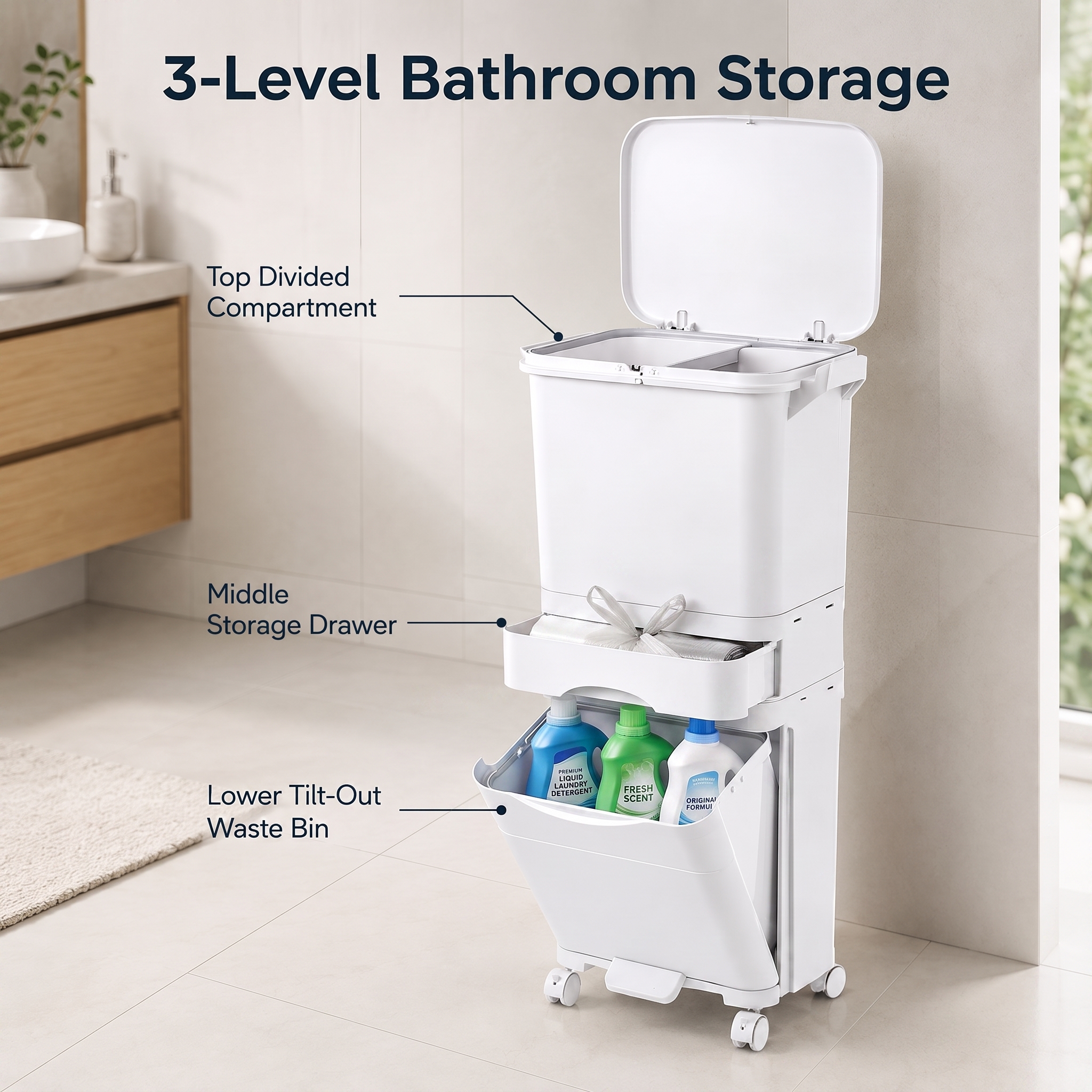 42l Large Capacity Trash Can With Wheels, Pedal Waste Bin With Lid, 3-compartment Bathroom Rubbish Bin For Toilet, Laundry Room