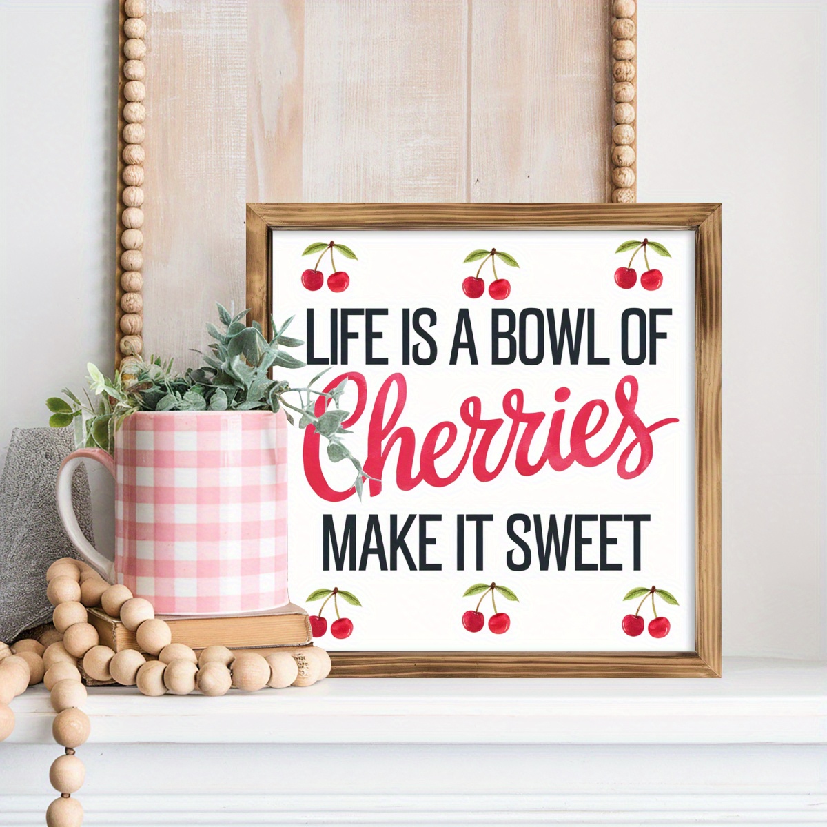 1pc Vintage " , Sweet" Wooden Wall Sign - 8x8 Inch Positivity Plaque With Cherry Bowl Art, Grain Frame For Farmhouse,, Decor - Easy-hang -free Decoration