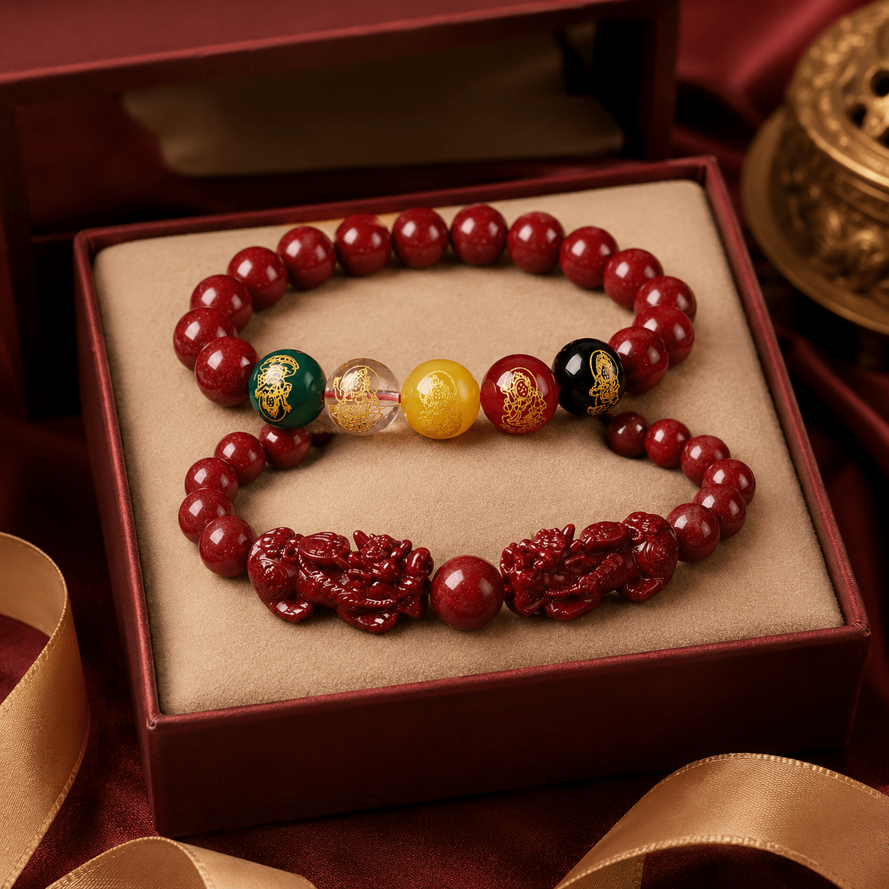TEMU 2pcs Wealth Attracting Pixiu Bracelet, 5 God Wealth Attracting Bracelet, Pixiu Guardian Bracelet, Red Bead Elastic Bracelet, Unisex Peace