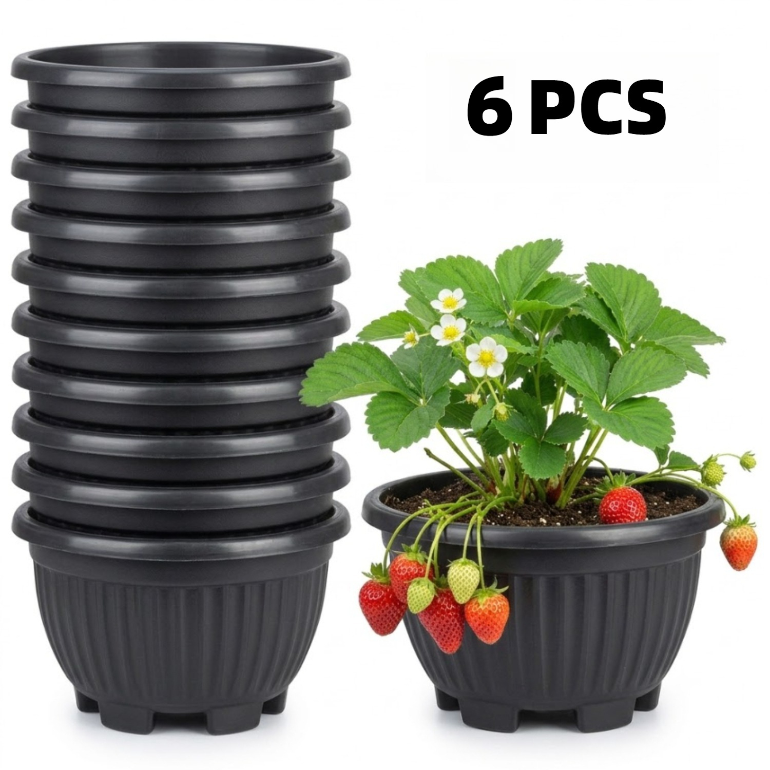 TEMU 6pcs Large Round Resin Flower Pots, Suitable For Outdoor Use, Uv-resistant Vintage Bowl-shaped Planters With Drainage Holes To Prevent , Durable