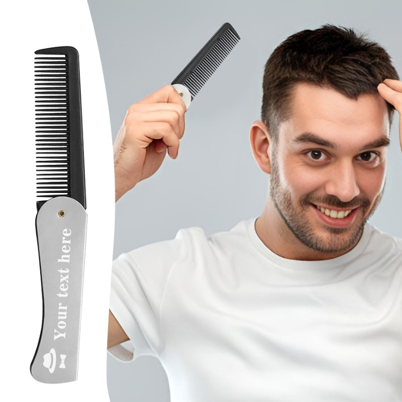 

1pc Personalized Men' Steel Folding Beard Comb With Custom Engraving, Metal Handle, Plastic For Normal Hair - Portable Detangler