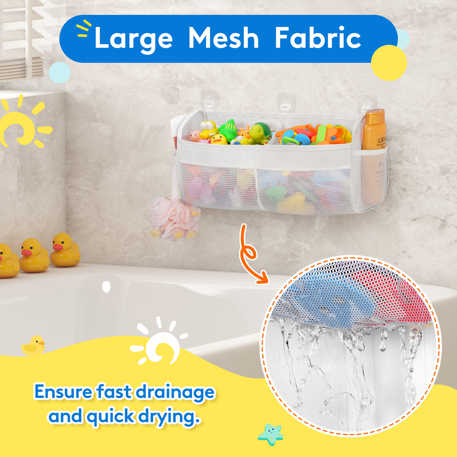 

Large Capacity Bath Toy Organizer With 2/3 Compartments - Wall-mounted, Quick-dry Mesh Storage For Shower & Bathtub Toys, Includes Adhesive Hooks, Christmas Decor