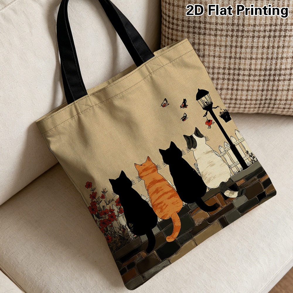 TEMU 1pc Of Fashionable Handbag, An Elegant Tote Bag With A Cat, Bird-watching, And Floral Print, A Stylish Reusable Shopping Bag With Spacious