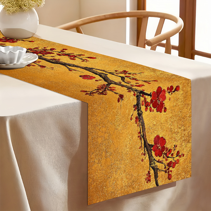 TEMU Elegant Golden Plum Table Runner - Vibrant Red With Golden Accents, Spring Festival & Winter Weddings - Durable, Polyester, Ideal For Dining Room & Living Room Decor, Table Decor