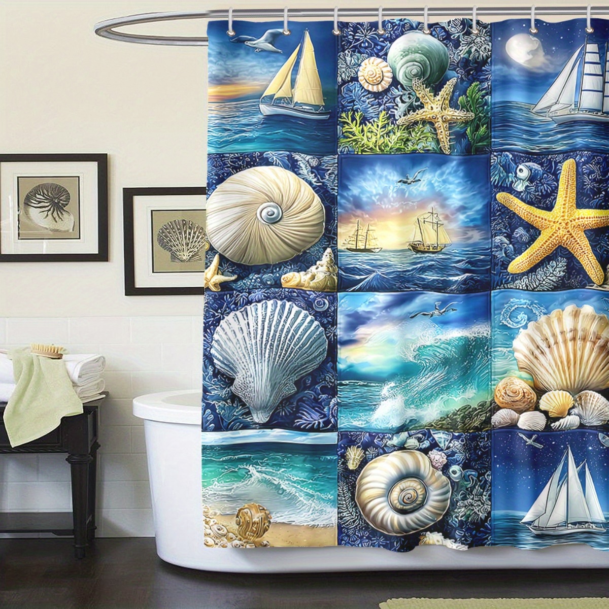 Seashells and Stars Pattern Shower Curtain Set, 4pcs