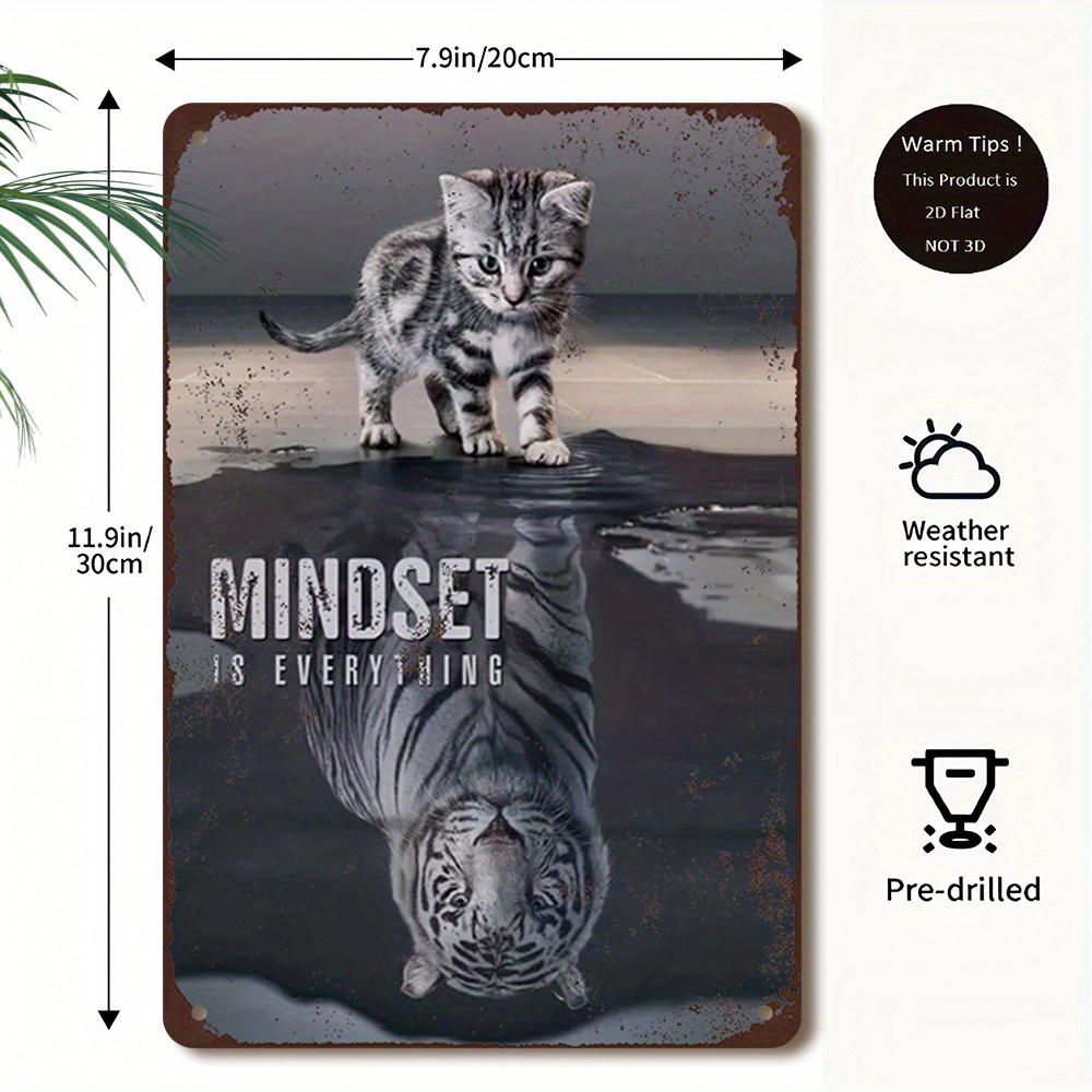 TEMU 2d Flat, Vintage Metal Wall Art Sign - Kitten & Tiger Reflection Motivational Decor With "mindset Is Everything" Quote, Heavy-duty Iron Metal