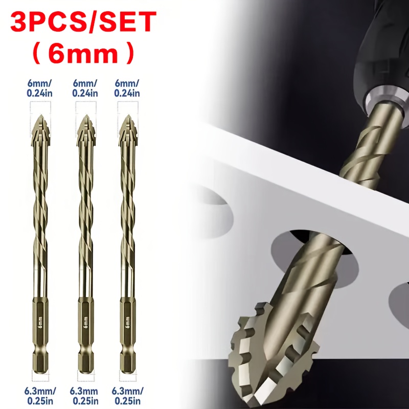 TEMU Juego de 3 brocas excéntricas de 6 mm con punta y de estrías - Punta para metal, cerámica, hormigón y madera - Aptas para perforación en