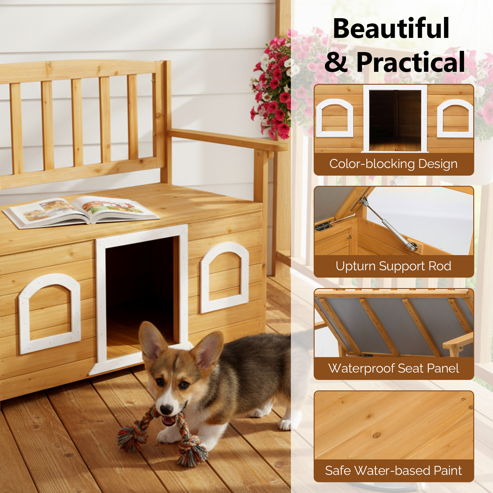 Wooden Bench for Outdoors, Versatile Garden Furniture with Dog Shelter and Storage Area, Ideal for Patios, Yards, and Verandas