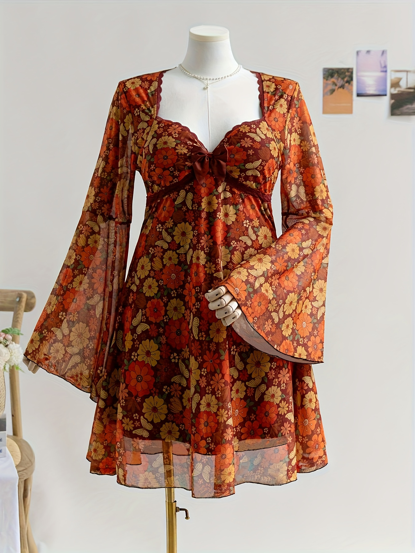 knee length dresses for ladies Authentic vintage 70s Boho black bell sleeve mod mini dress main image 0