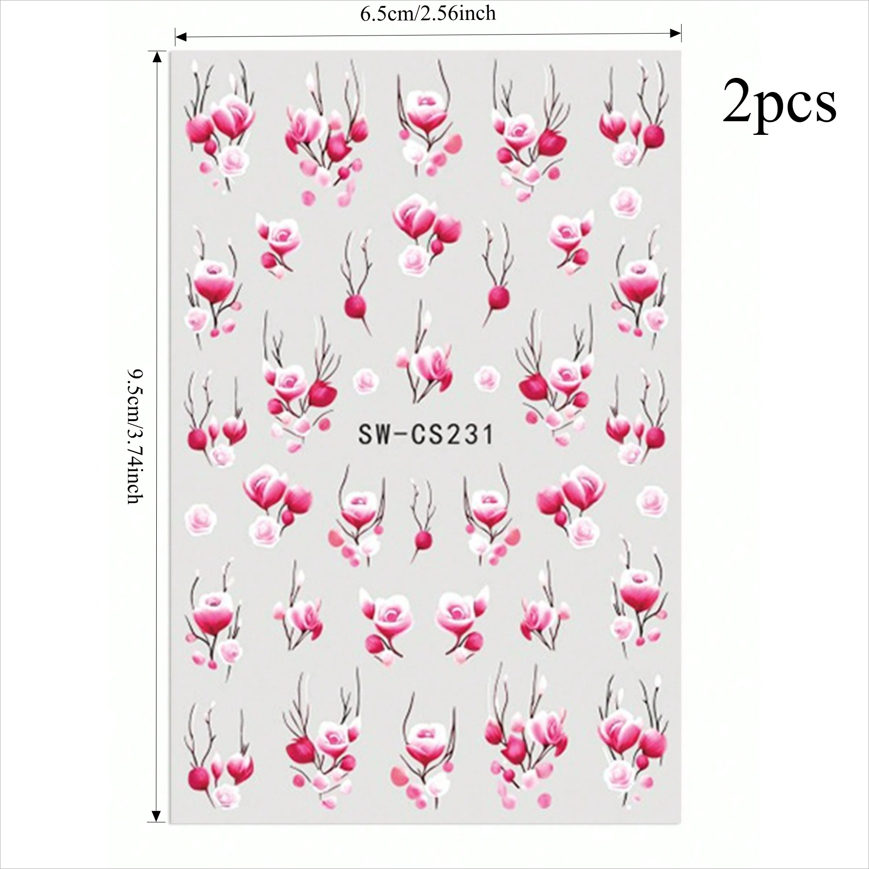 2pcs 3d Pink Flower Nail Stickers 2pcs Elegant Fashion Tulip Rose Branch Vine Floral Prints Diy Spring Summer Romantic Self-adhesive Slider Nail Art Decoration For Women And Nail Design