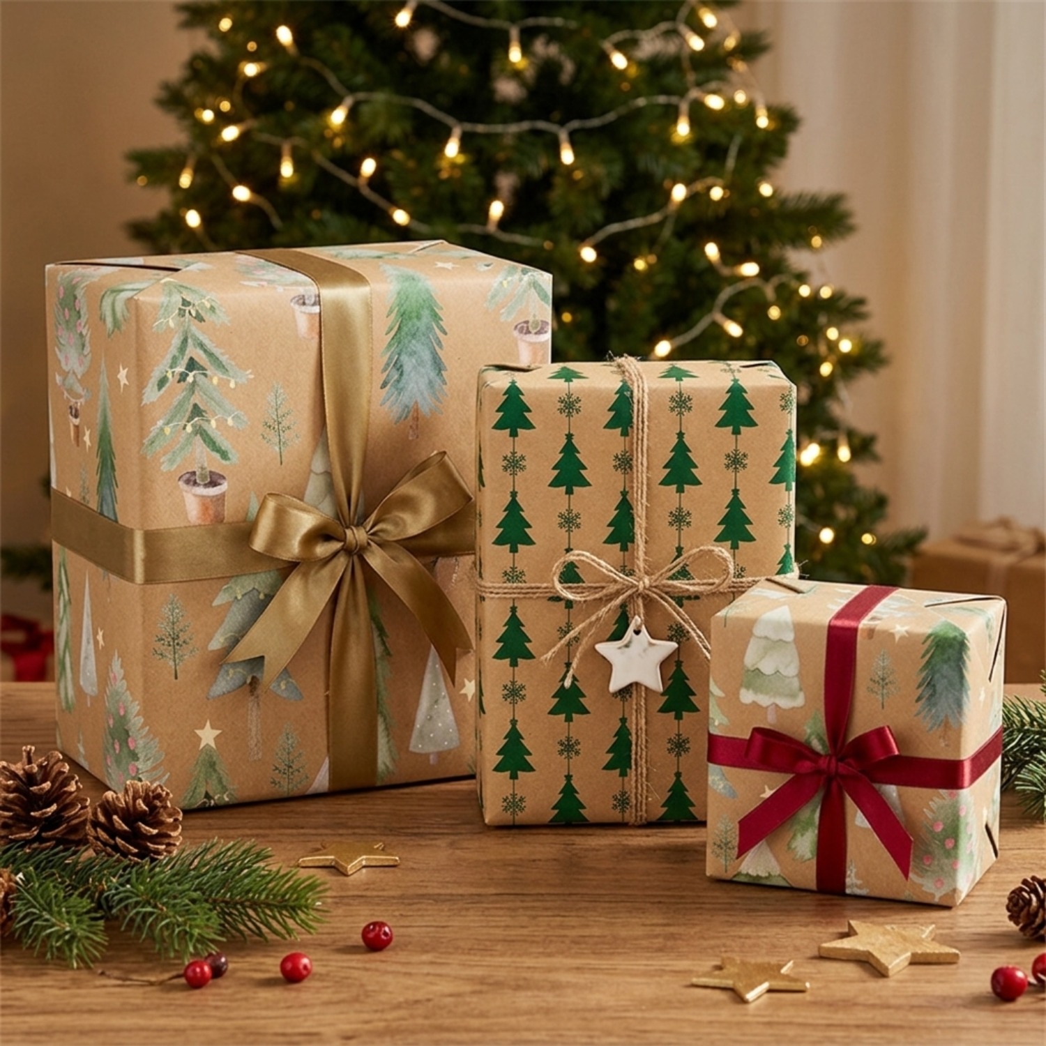 TEMU Rotolo di carta da regalo natalizia marrone con pini e , adatta per regali, doni, decorazioni per feste, lavoretti fai da te - Carta da regalo