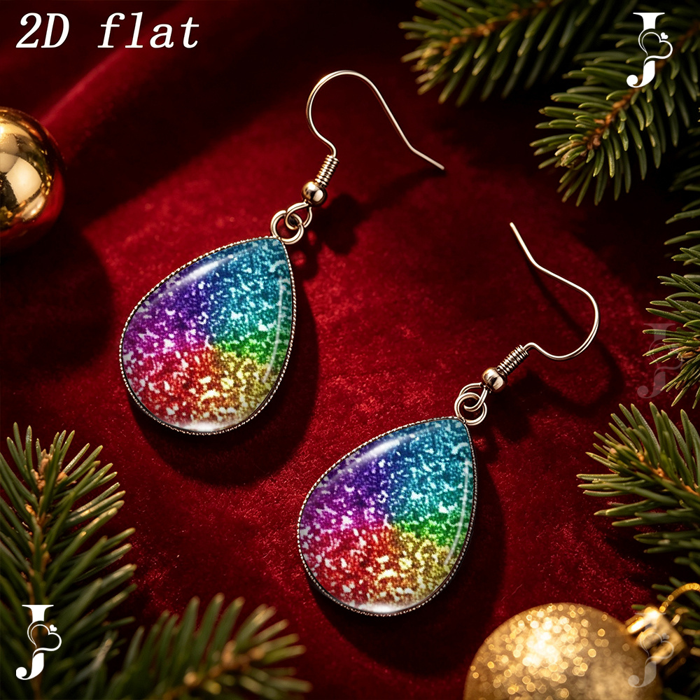 Teardrop Dangle Earrings with Rainbow Glitter Starry Sky Pattern