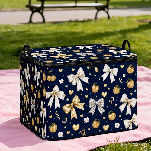 boîte de rangement imprimée en tissu plat 2d, douce et apaisante, boîte de rangement bleu marine avec nœud de fruit doré, pliable pour gagner de la place/empilable, rangement sous le lit/penderie/garage cour déménagement/rangement , rangement de loisirs