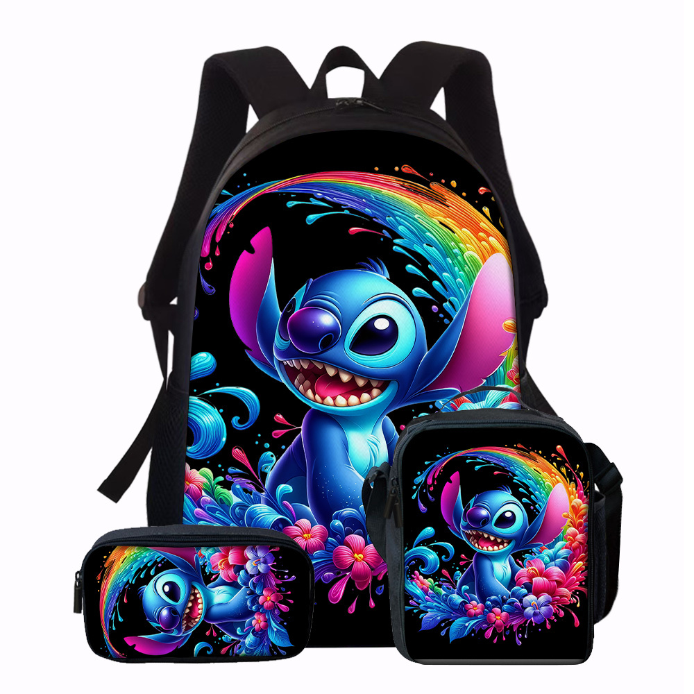 

3pcs Stitch Rainbow Floral Backpack Set, Disney Student Bookbag With Pencil Case & Lunch Box, Oxford Cloth Computer Bag, Large Capacity For Daily , Backpack For School