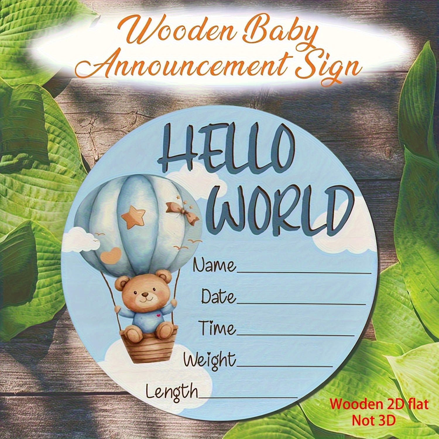 TEMU 2d Flat, Not3d1pc Wooden Youth Announcement Sign 'hello World' Theme, Featuring Hot Air Balloons And , New Decoration, Light , Name And Birth Date, Youth Shower Gift