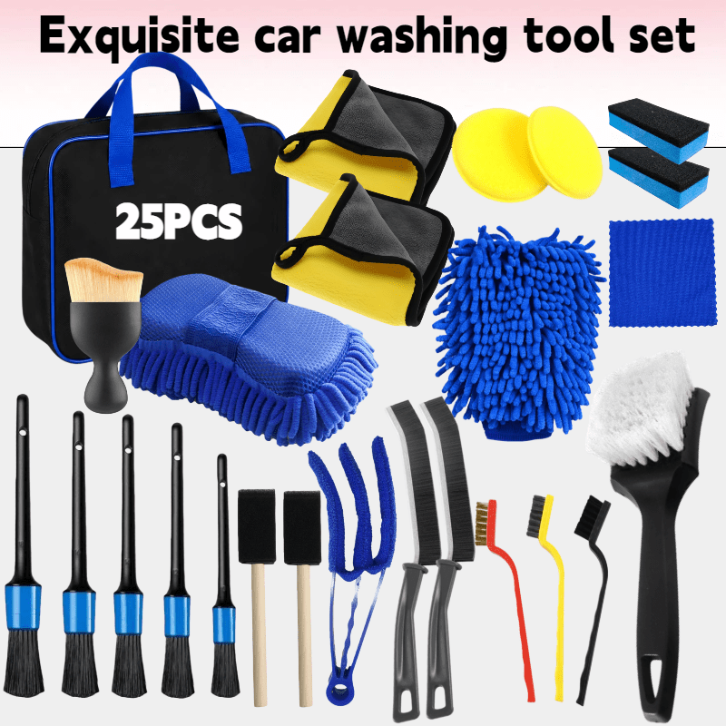 TEMU Car Wash Cleaning Tool Set, Includes Storage Bag, Wheel Brush, Detail Brush, Dust Brush, Sponge, Towel, Multi-piece Car Cleaning And Maintenance