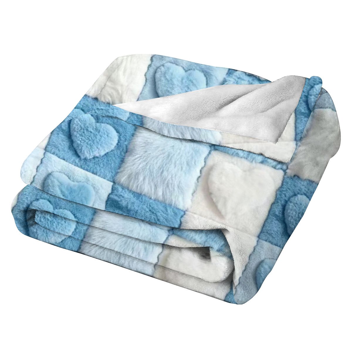 TEMU English Flannel Heart Stitching Blanket Blue And Blocking Three-dimensional Heart-shaped Square Print Blanket -friendly Warm Bedroom Living Room