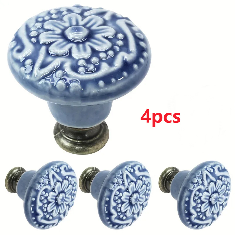TEMU 4pcs Set Of Vintage Pattern Ceramic Single-hole Handles, Knobs For Dressing Table Drawers, Cabinet, Wardrobe, Furniture, And Kitchen Handles
