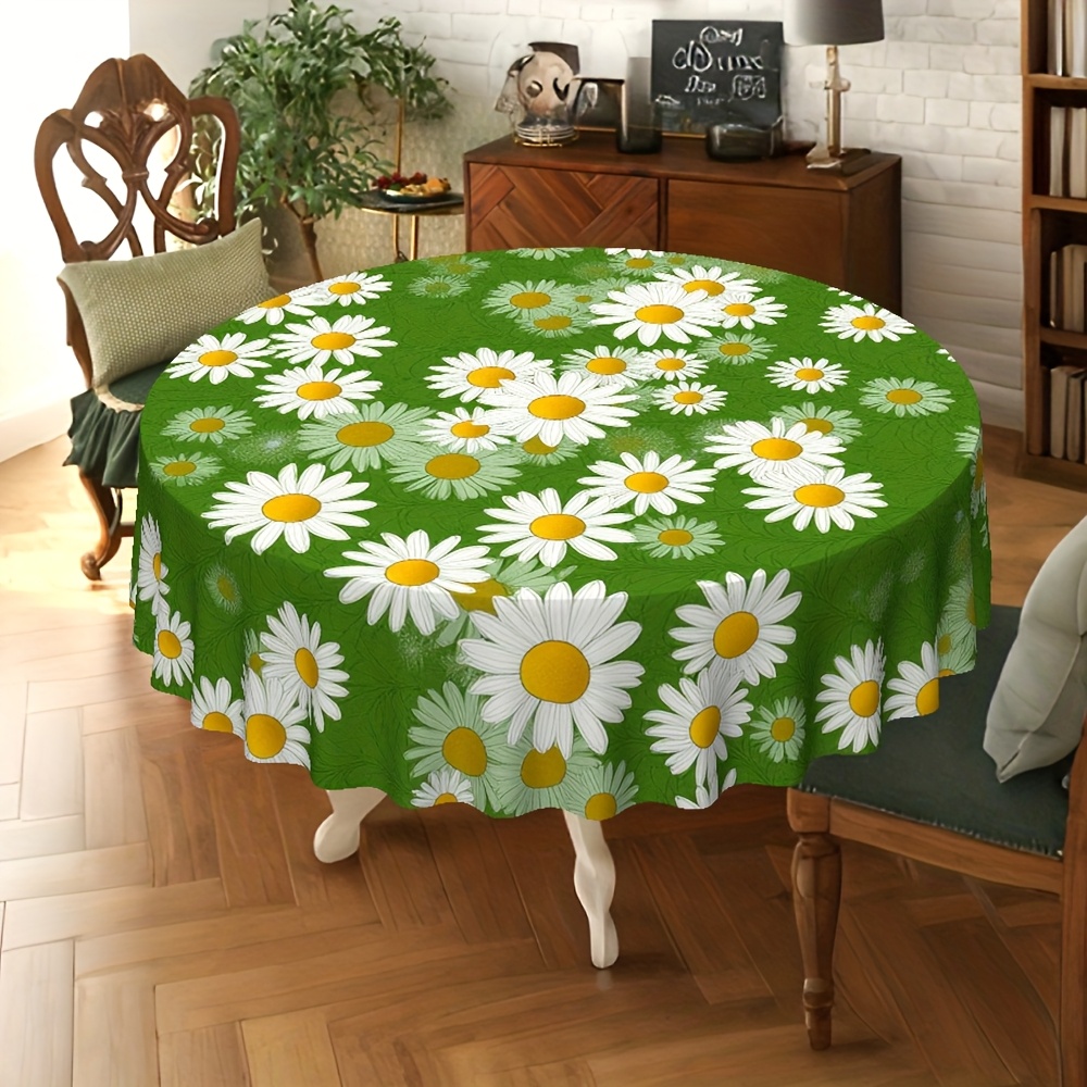 TEMU 1pc, Round Pvc Tablecloth Compatible For Round Tables - White Daisies And Yellow Ruffles On Green, Easy- Fabric, Durable/outdoor Christmas Table