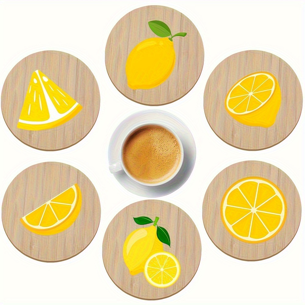 6pcs Set Of Lemon-patterned Wooden Coasters, Colorful Artistic Designs, Suitable Home Decoration, Heat-resistant, Anti-scald, Waterproof Coasters, Simple Rustic Holiday Birthday