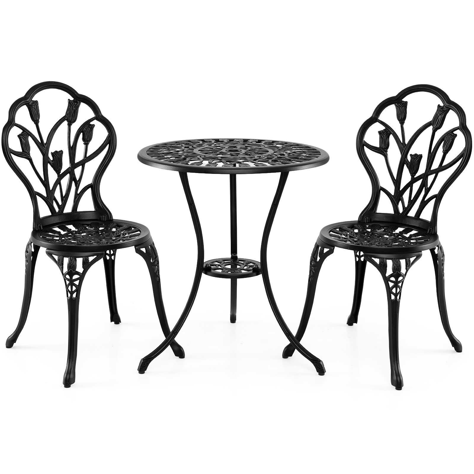 Image of 3pcs Cast Aluminum Bistro Set, Patio Table & Chairs With Umbrella Hole, Outdoor Dining Set With Tulip Patterns For Small Space, Garden, Backyard