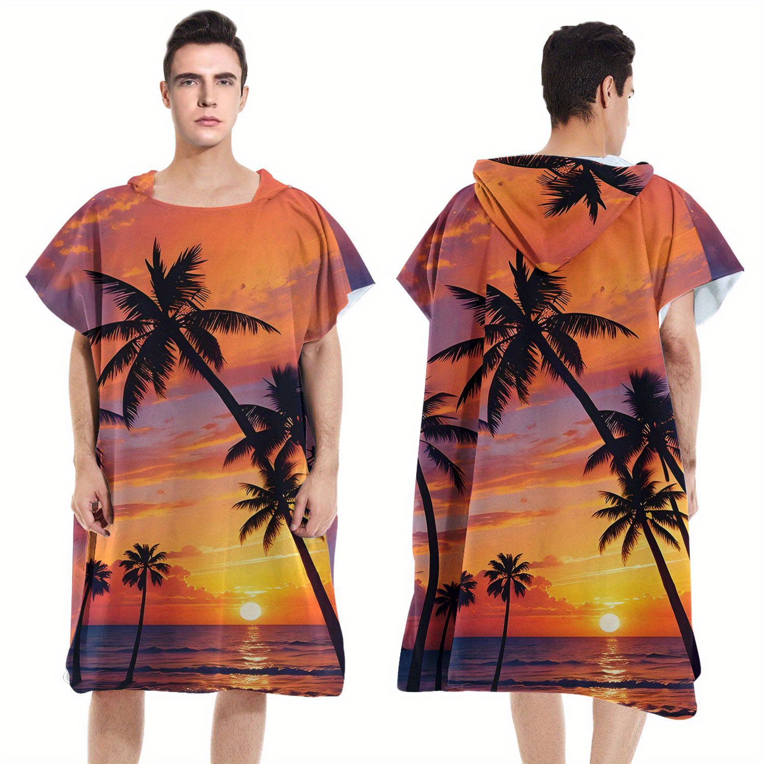 TEMU 1pc Microfiber Hooded Bath Towel - Tropical Beach Sunset Palm , Quick-dry Lightweight & Durable For Pool, Travel, Bath, Spa - Modern Bathroom