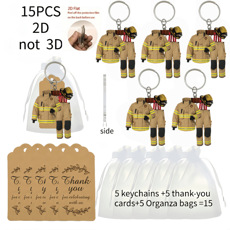 TEMU 2d Flat, 15pcs 2d Flat Acrylic Firefighter Keychain Set, Includes 5 Acrylic 2d Design Keychains + 5 Thank You Cards + 5 Gift Organza Bags.