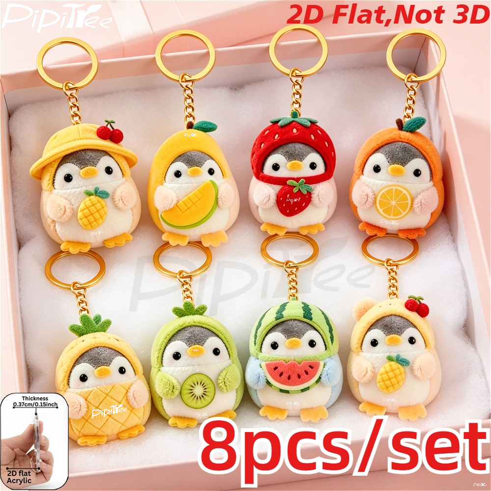 TEMU Lot de 8 porte-clés pingouins de dessin 2D plats, breloques pingouins de , orange et pastèque. Collection de porte-clés pingouins adorables en