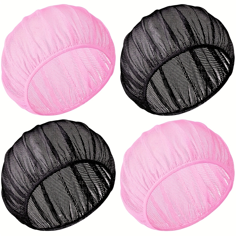 TEMU 4 Adjustable Mesh Sleep Caps- Unisex Breathable Black Pink Hair Net With Elastic Headbae , Comfortable Lightweight Beauty Accessories,