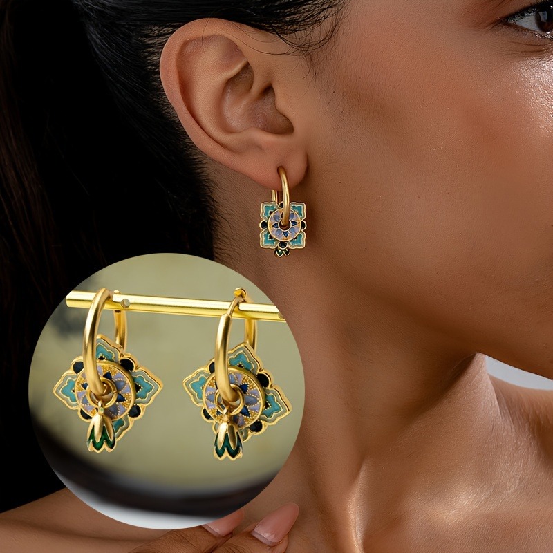 TEMU Vintage Elegant Earrings - 1 Pair Enamel Painted For Lotus Pods, Non-feathered, Everyday And Holiday Wear, , School Holiday Accessories