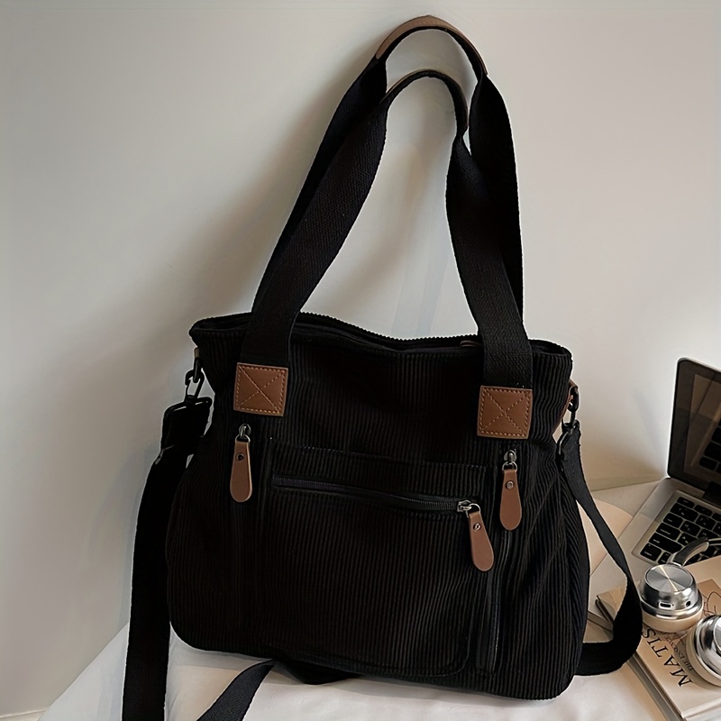 TEMU Classic Corduroy Handbag For Women, Multi-pocket Shoulder Bag Featuring An Adjustable Strap And Zipper Closure, Use, Shopping, And Travel