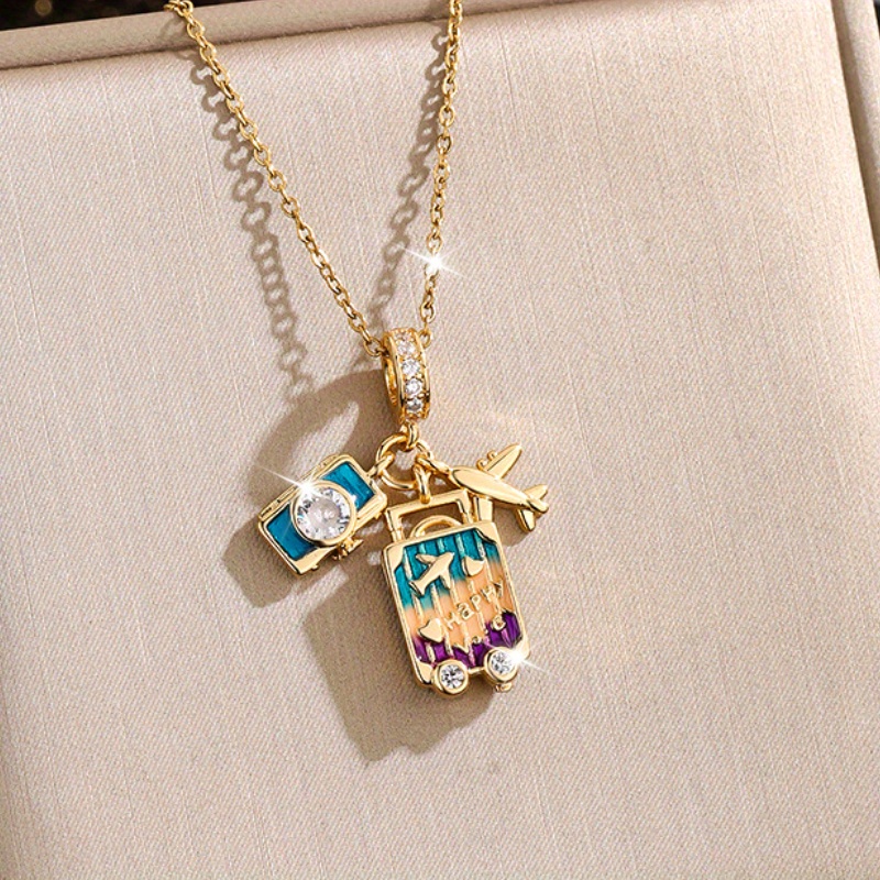 Travel Elements Necklace for Women, Camera Luggage Airplane Pendant