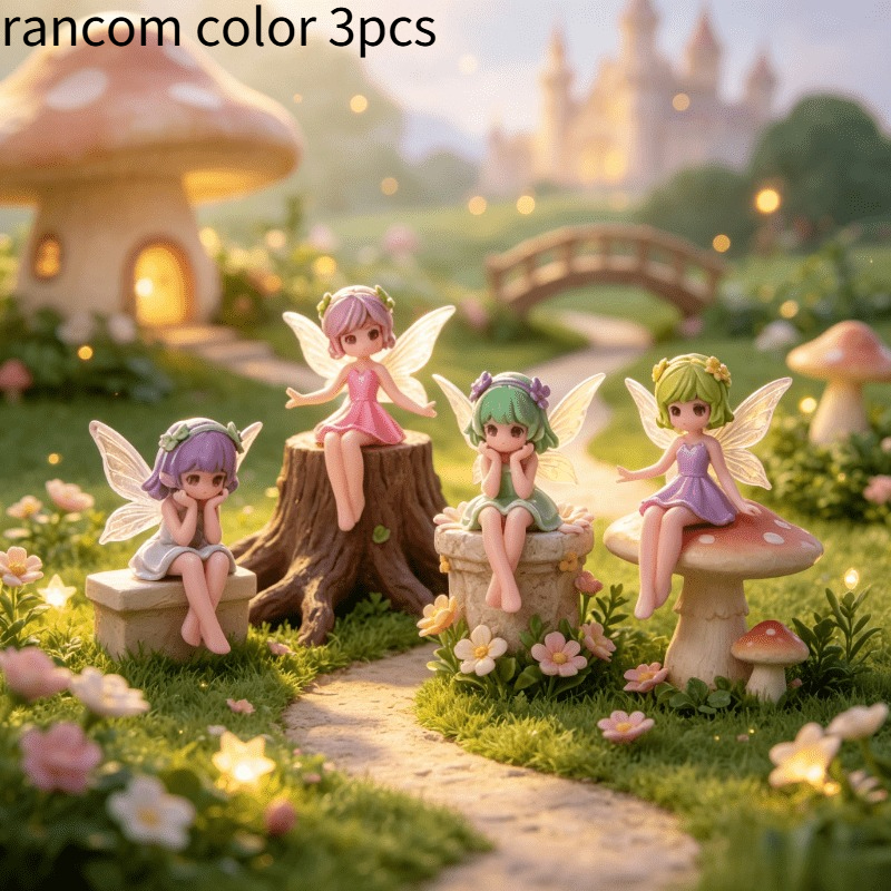 TEMU 3pcs Fairy Tale Flower Fairy Elf Resin Ornament Set, Seated Girl Miniature Craft, Suitable For Moss Succulent Miniature Landscape Scenery,