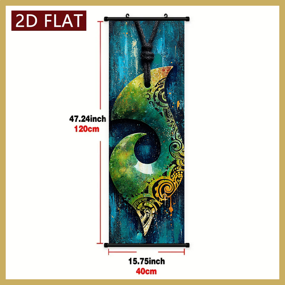 TEMU 2d Flat, 2d/flat-1pc Maori Style Green Hook Pattern Plastic Scroll Hanging Painting High - Definition Printed Wall Art Modern Home Decor For