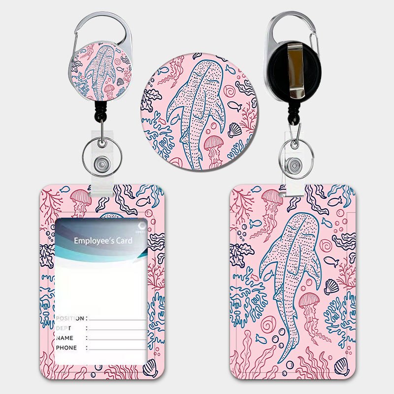 TEMU Pattern With Pink Background, Hand-painted Style Id Card Holder For Women, Includes Pull-tab Retractable Lanyard And Keychain, Durable Plastic