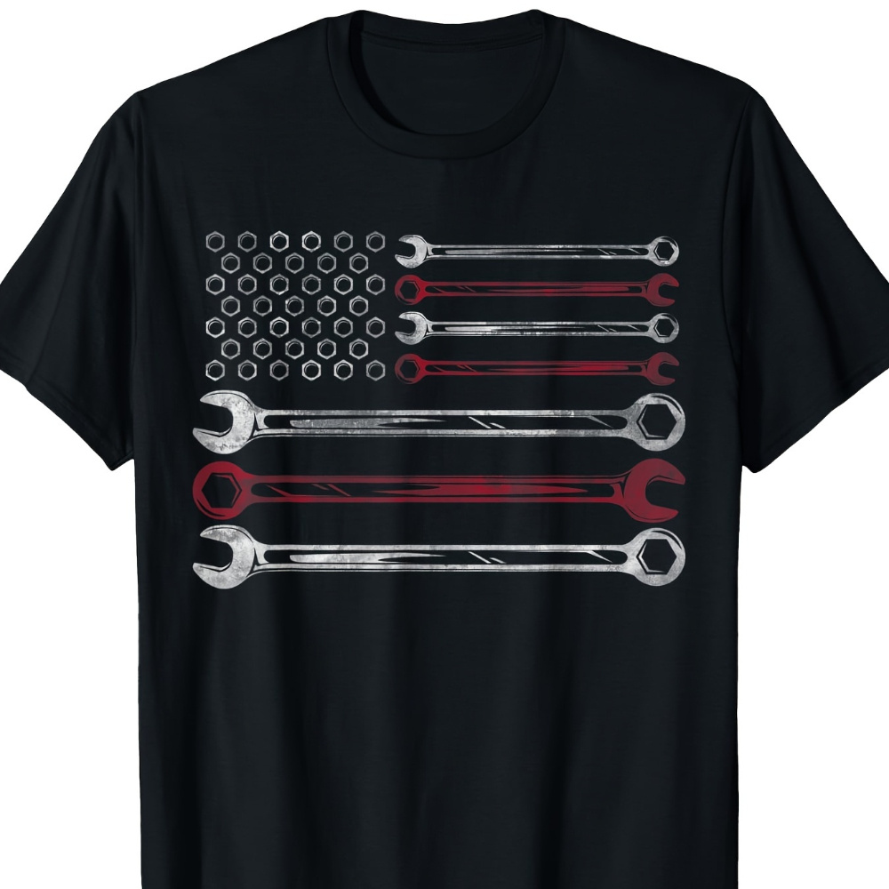 

Men's Patriotic Mechanic Flag T-shirt - 100% Cotton, American Flag & Tools Design, Casual Crew Neck, Machine Washable - Ideal Gift For Car Repairmen