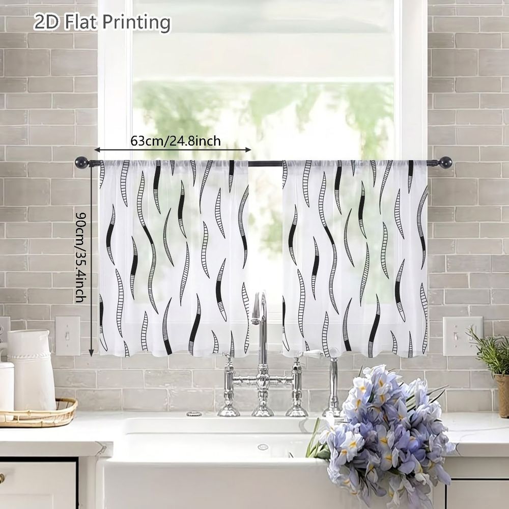 TEMU 2D Plat - 2D Plat, 2pcs Petites Rideaux Semi-Transparents, Rideaux Voilages Monochromes Abstraits avec Motif d'Ondes de Ruban, pour Café, Salon,