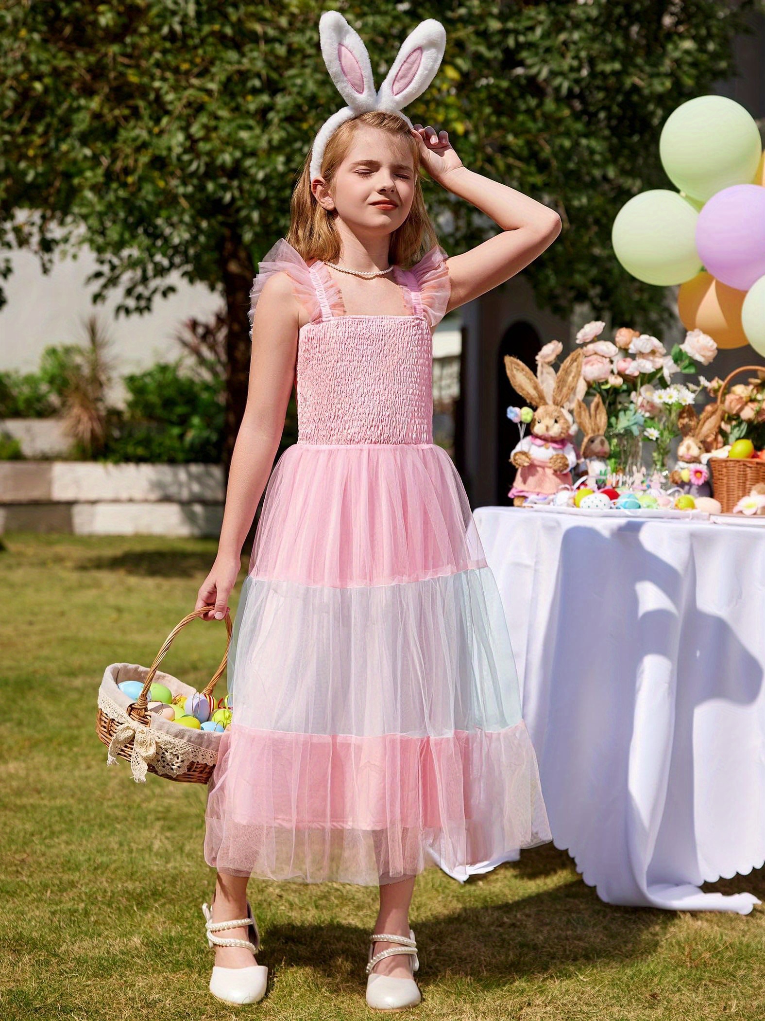 tween girls dress ruffle sleeve elastic straps smocked a - Temu