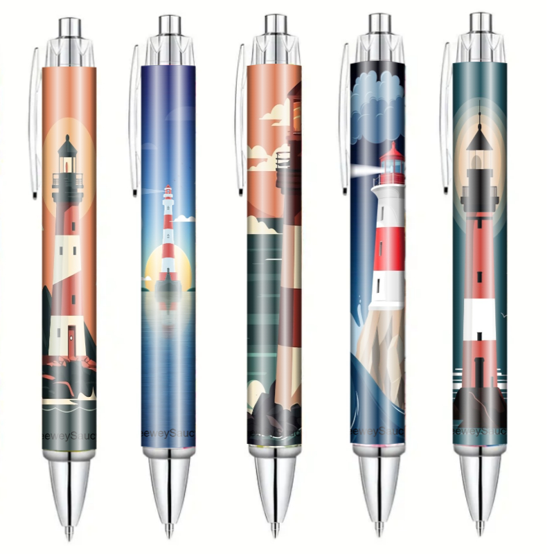 TEMU 5pcs Of Flat Wind Geometric Lighthouse Printed Gel Pens, Perfect Room Decor And Office Supplies For Holiday And Stationery Enthusiasts, Festive