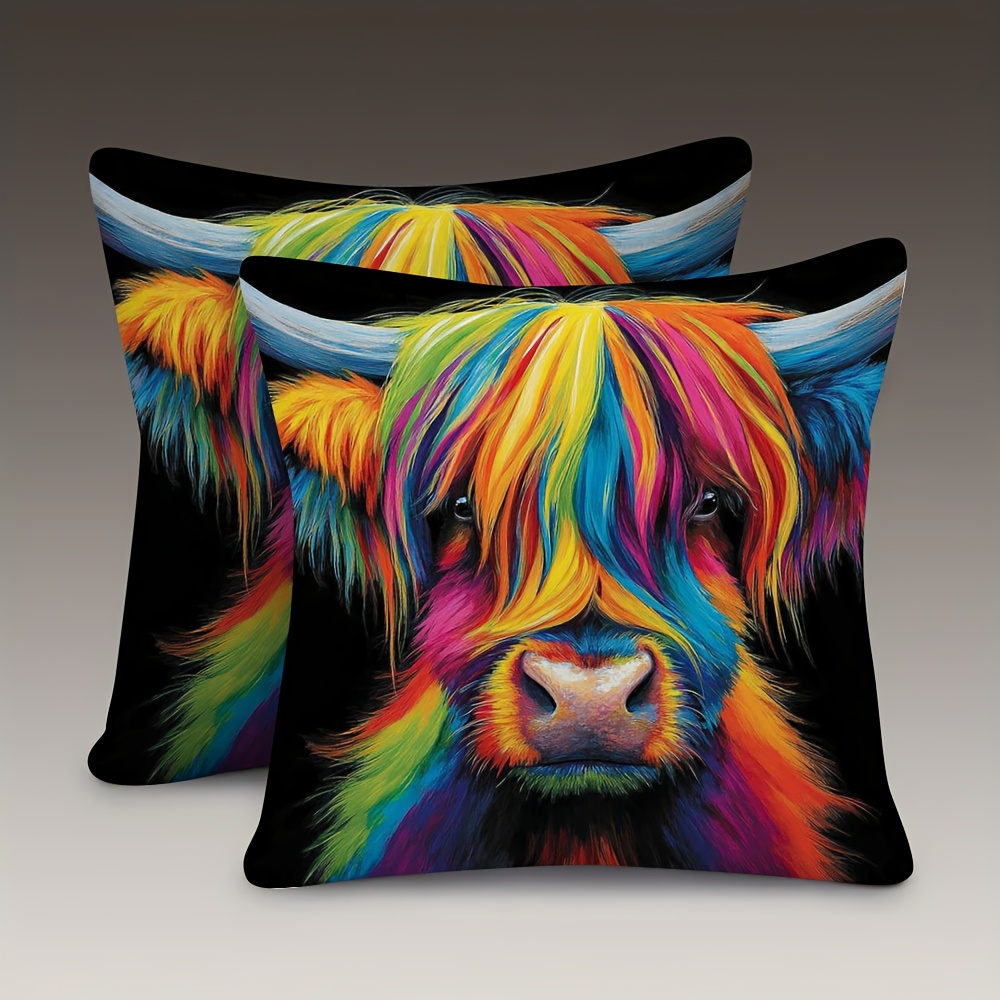 TEMU 2pcs Pillowcases, Featuring A Vibrant And Intricately Detailed Highland Cow Portrait. Made From Soft And Smooth Polyester Short-pile Fabric With