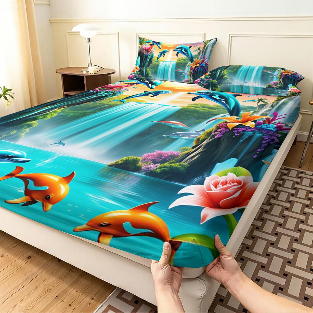 TEMU -1pc Dolphin Waterfall Floral Ocean Scenery Sunset Fitted Sheet, Soft And Breathable, Washable In Machine, Suitable For Bedroom, , Or Student