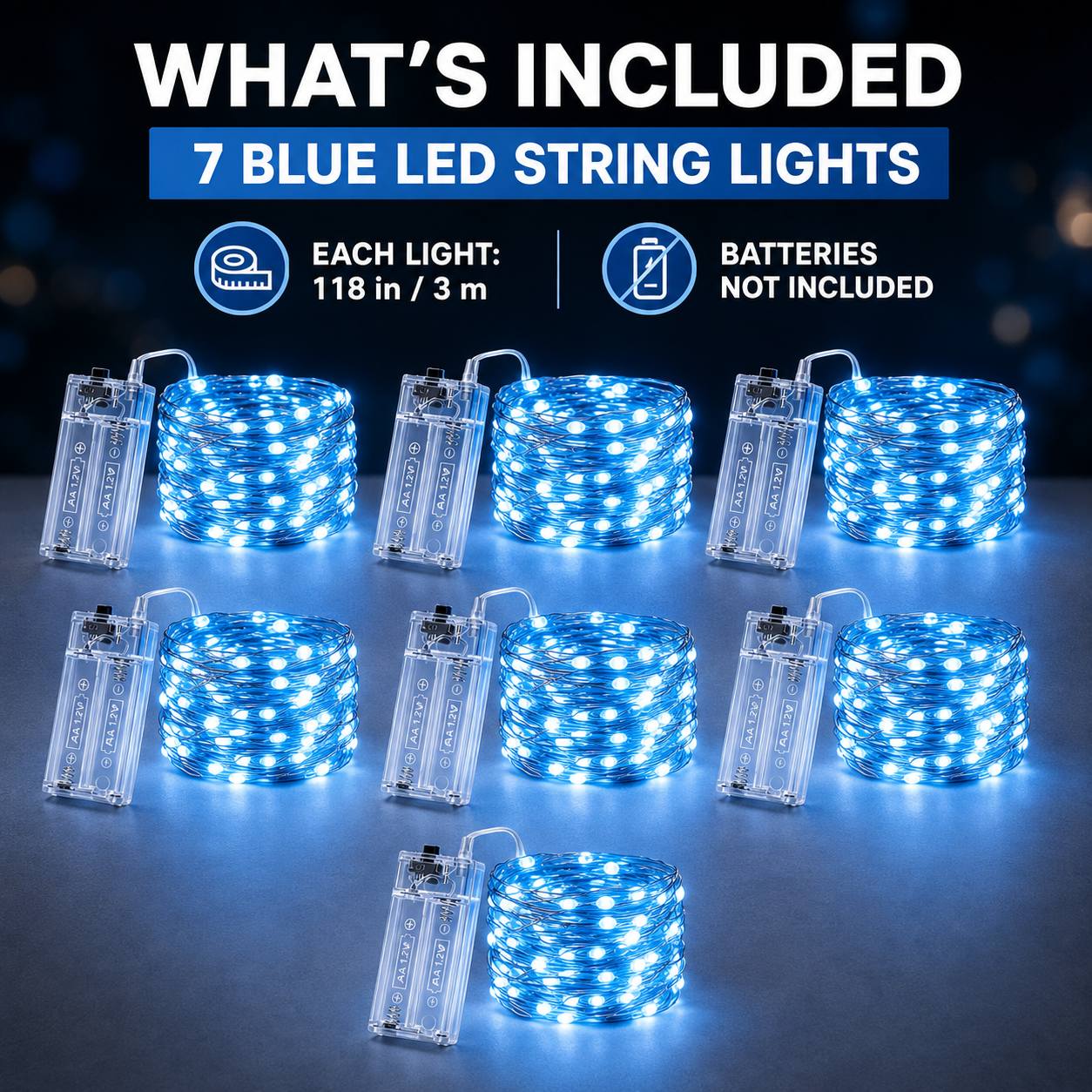 TEMU 7-pack Blue Led Fairy String Lights, 3 M/118 Inches Each, Battery Operated Flexible Wire Lights For Mason Jars, Christmas, Halloween, Weddings,