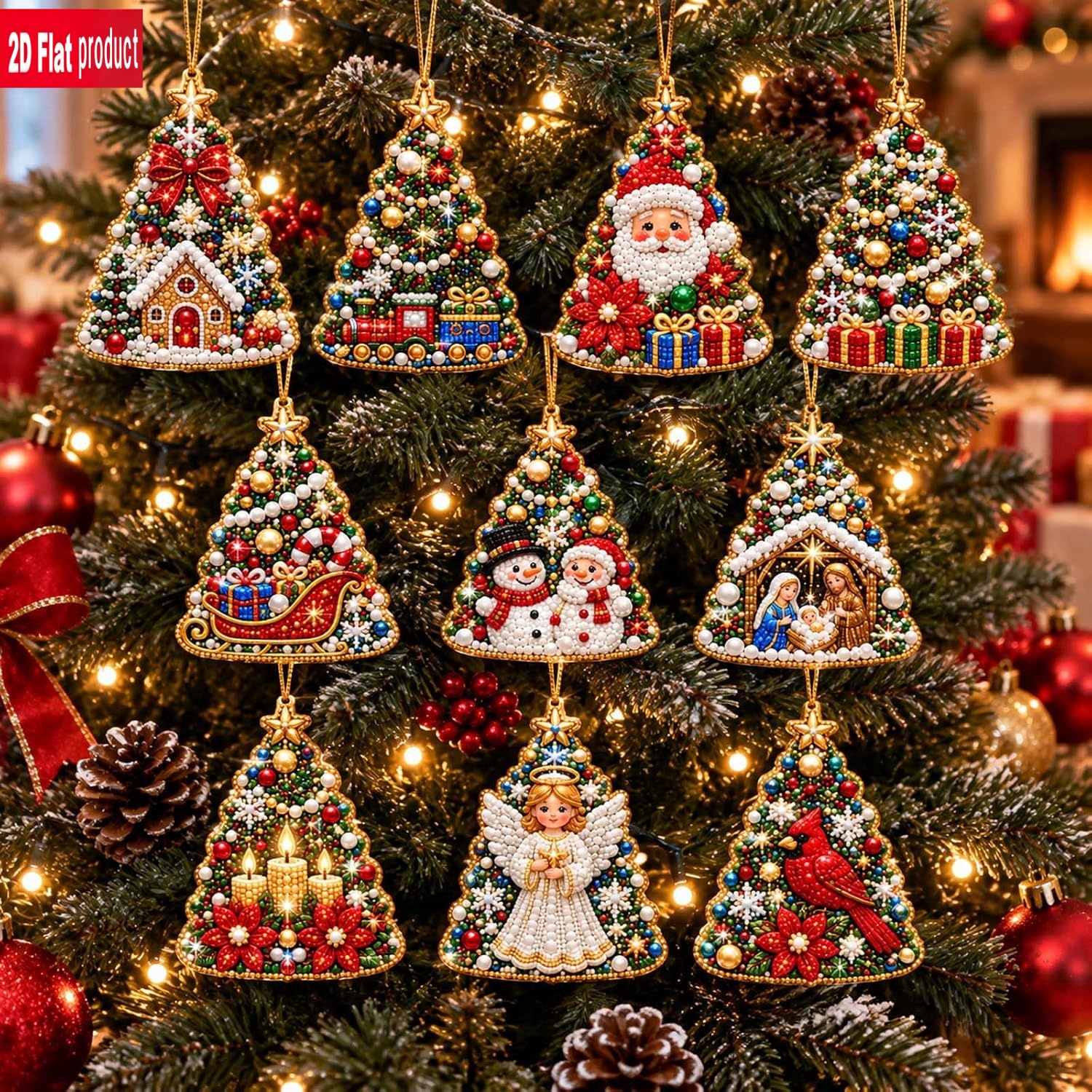 TEMU Kit de pintura 2D de perlas y diamantes de 10 piezas - Adornos de etiquetas con temática de árbol de Navidad de madera 2D; Adecuado para