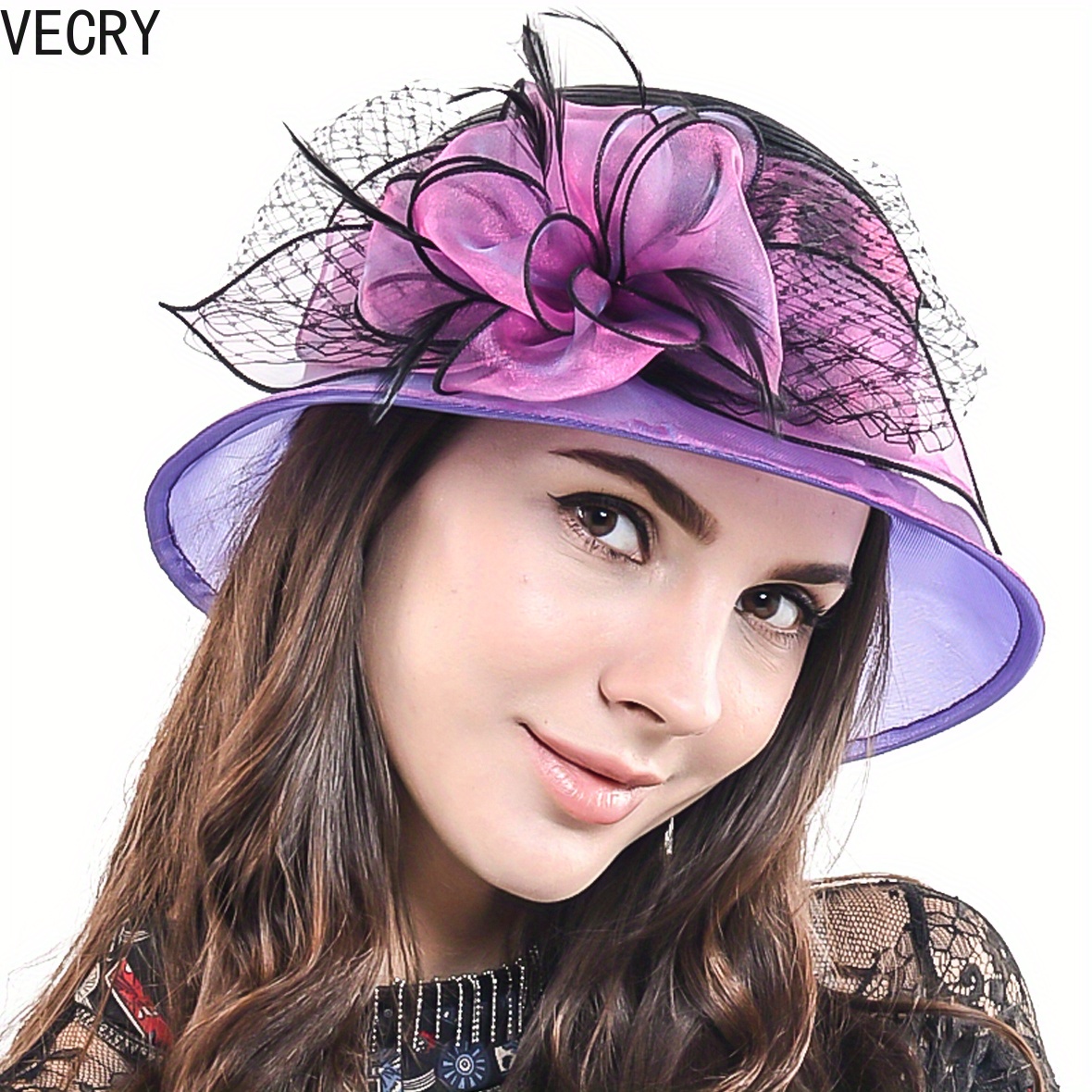womens elegant floral cloche hat purple bow lace trim - Temu display picture 3